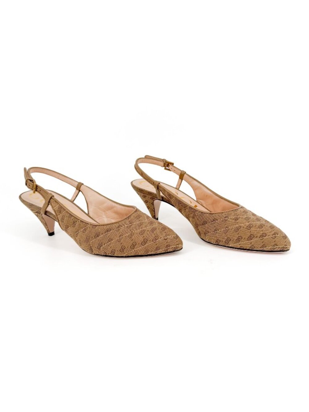 Gucci GG Slingback Pumps Heels Beige Canvas Size 36 US 6 Quilted Monogram